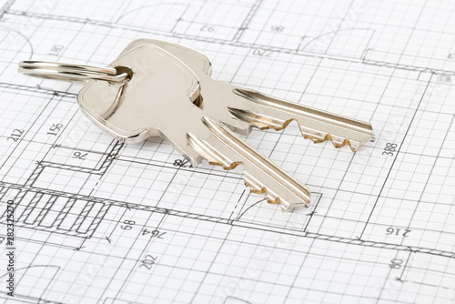 Bilde på lerret House keys on house architectural blueprint - home owner, real estate or house b