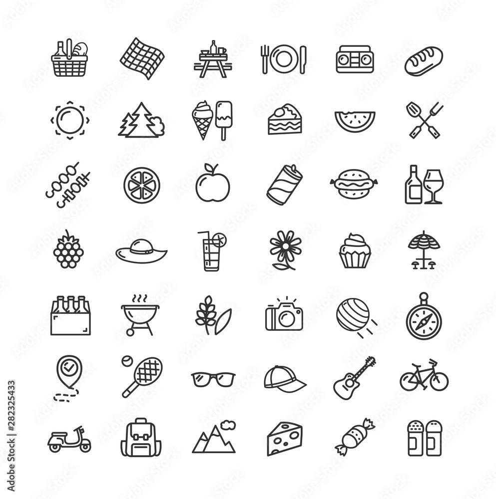 Picnic Black Thin Line Icon Set. Vector Picnic Black Thin Line Icon Set. Vector