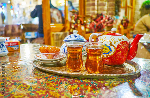 Enjoy hot tea in Azari teahouse, Tehran, Iran photo