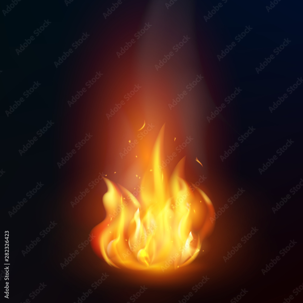 Realistic fire flame on dark background. Isolated vector illustration Realistic fire flame on dark background. Isolated vector illustration