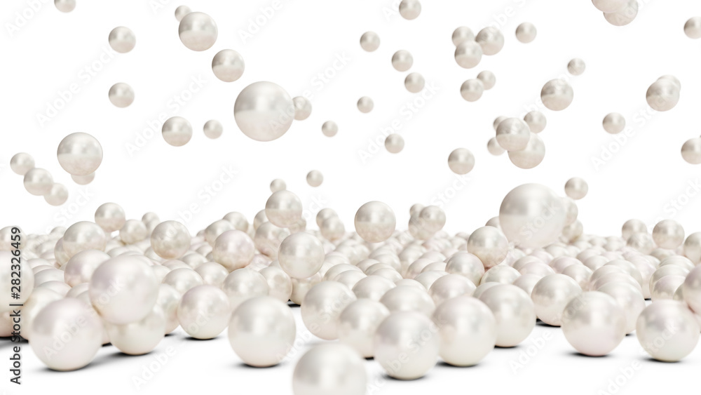 Pearls in motion. Beautiful jewerly for womens. Pile of pearls close up. Falling pearl. 3D rendering Pearls in motion. Beautiful jewerly for womens. Pile of pearls close up. Falling pearl. 3D rendering