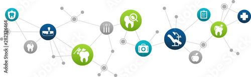 dental care / dentistry / oral hygiene: abstract icon concept: connected dental health symbols - vector illustration