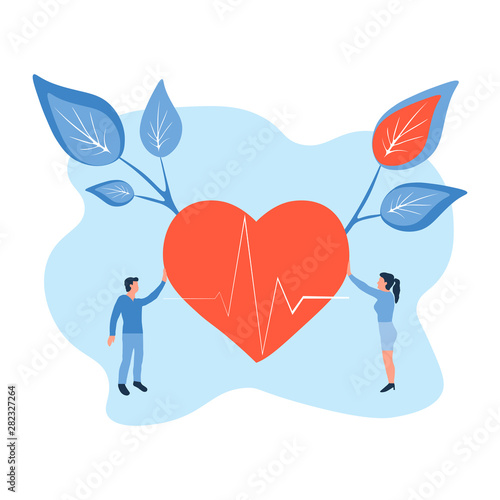 Healthcare workers on health protection, treatment of diseases and saving human lives. Flat isolated vector illustration of people, doctors, physicians, heart in cartoon style. 