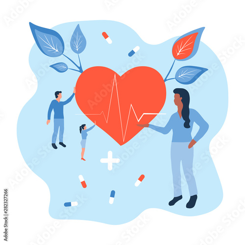 Concept of treatment of diseases and saving human lives by doctors. Flat isolated vector illustration of physicians, heart, medical preparations and medicines. Healthcare workers on health protection.