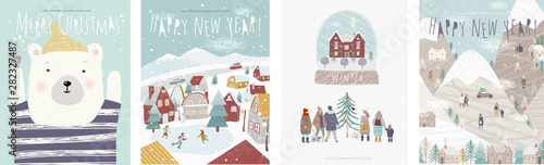 Winter holidays! Vector cute illustrations of nature, landscape, animal bear, houses, trees, family and people at the rink for the New Year and Christmas background