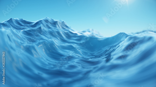 Sea wave low angle view. Ocean water background. View from below, view of a clear blue sky with the sun. Sea or ocean wave close-up view. Beautiful blue clean water. 3D rendering