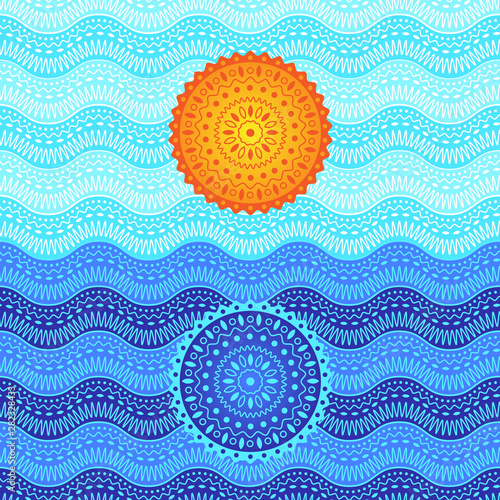 Sea sunset picture. Abstract impressionism with mandala
