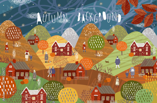Autumn background. Vector cute illustration of street, houses, trees, leaves and people in the evening or at night. Drawing landscape with mountains in the village for a banner, poster or card
