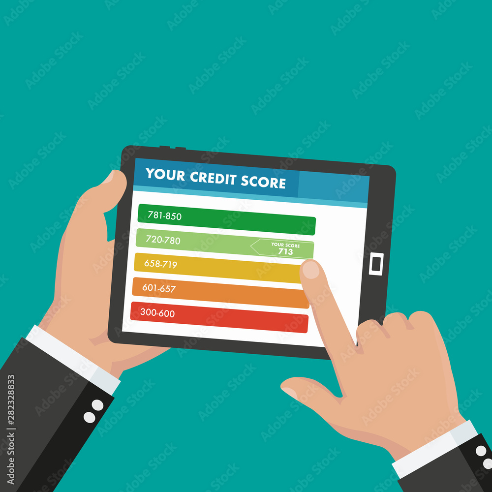 Close-up of person hands holds tablet with app of credit score on screen. Concept personal credit rating information. Vector illustration in flat style. Close-up of person hands holds tablet with app of credit score on screen. Concept personal credit rating information. Vector illustration in flat style.