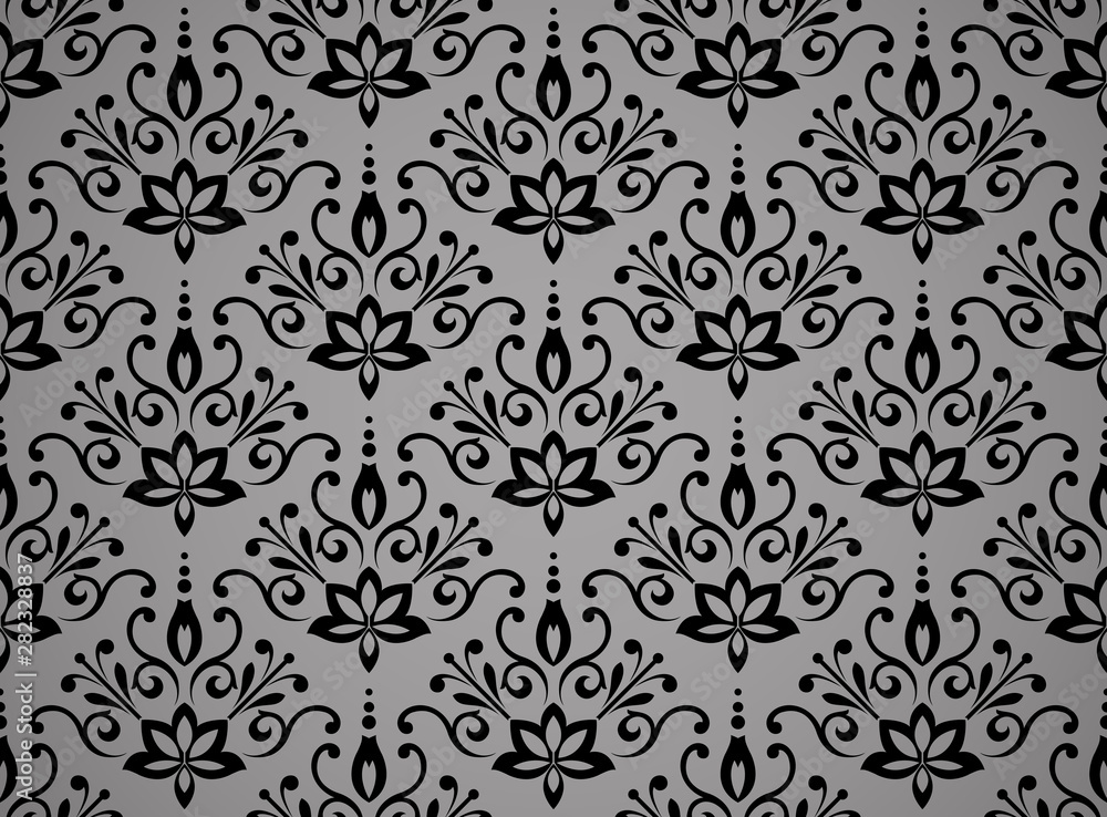 Wallpaper in the style of Baroque. Seamless vector background. Black and grey floral ornament. Graphic pattern for fabric, wallpaper, packaging. Ornate Damask flower ornament Wallpaper in the style of Baroque. Seamless vector background. Black and grey floral ornament. Graphic pattern for fabric, wallpaper, packaging. Ornate Damask flower ornament