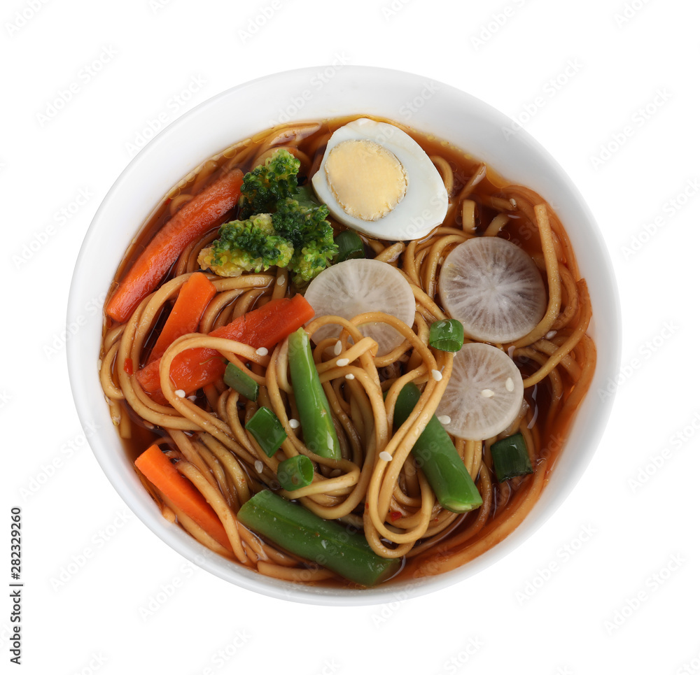 Tasty ramen with noodles and vegetables isolated on white, top view Tasty ramen with noodles and vegetables isolated on white, top view