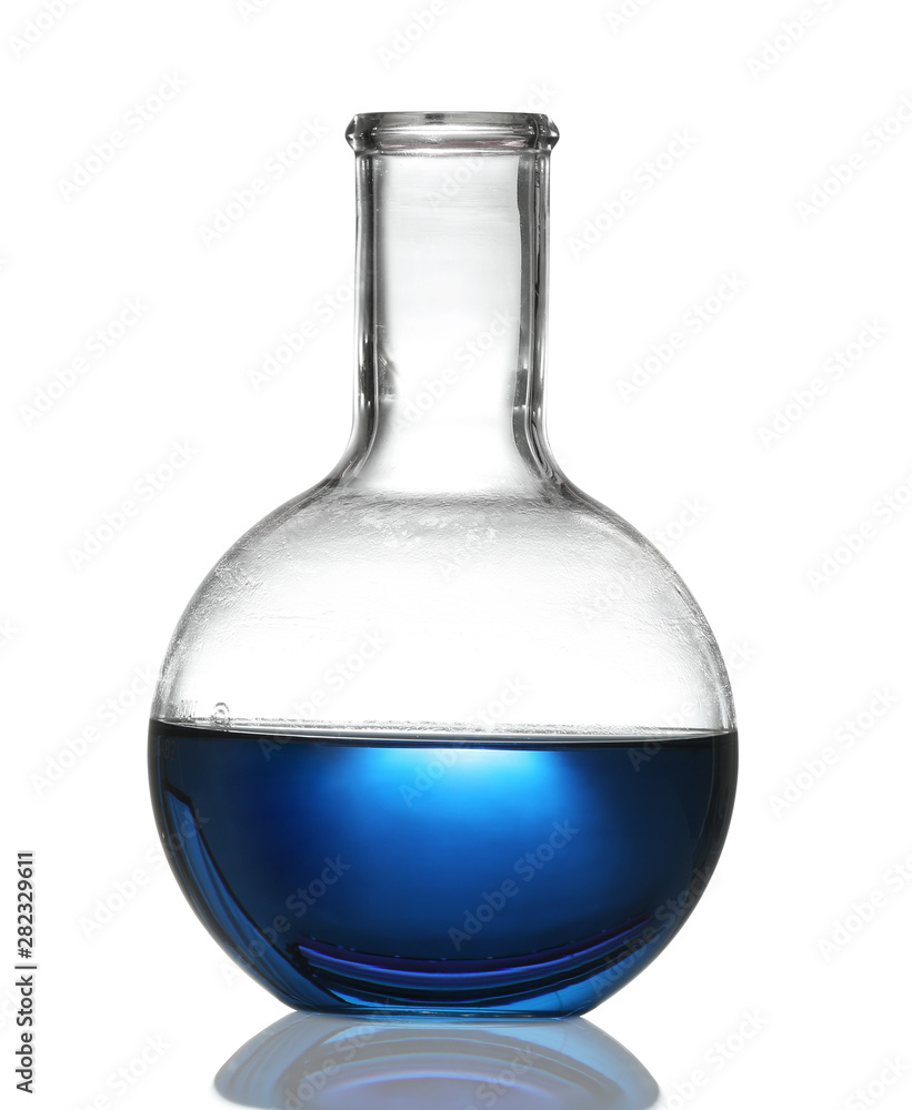 Florence flask with liquid on white background. Chemistry glassware Florence flask with liquid on white background. Chemistry glassware