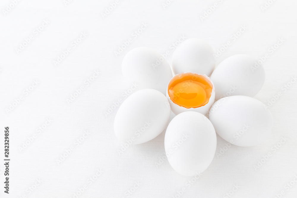 fresh white eggs with yolk on white background, closeup fresh white eggs with yolk on white background, closeup