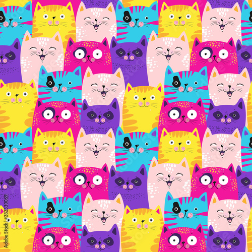Cute cats colorful seamless pattern background