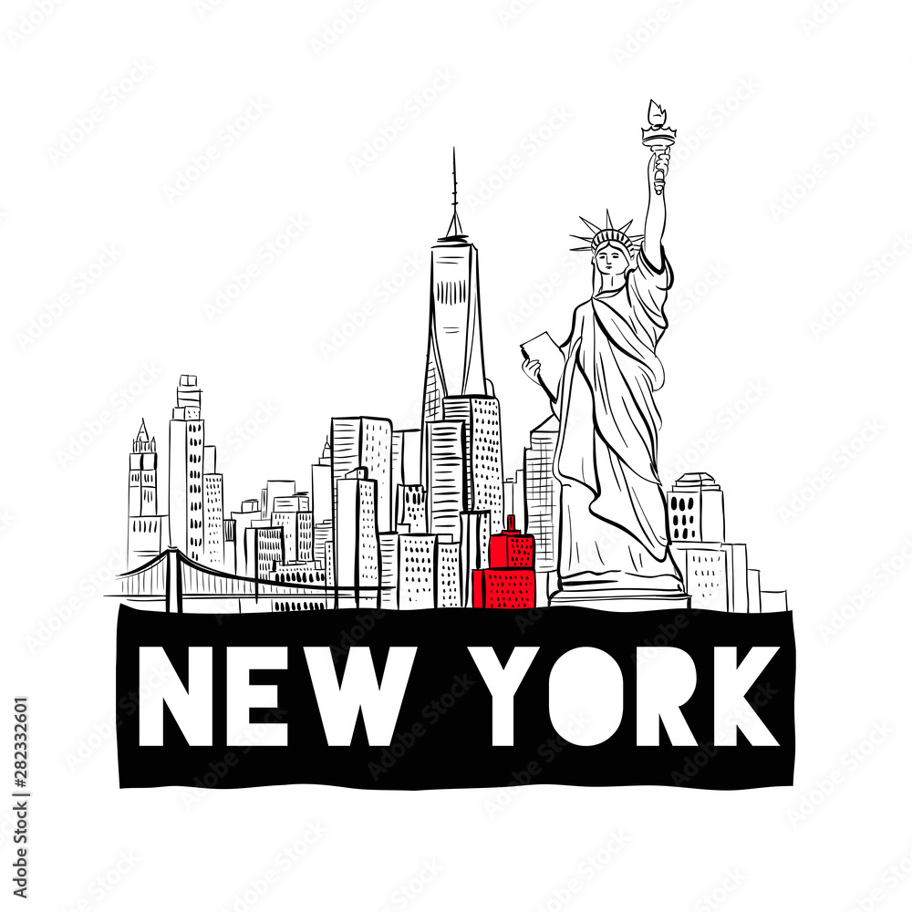 New York City Skyline hand drawn vector illustration