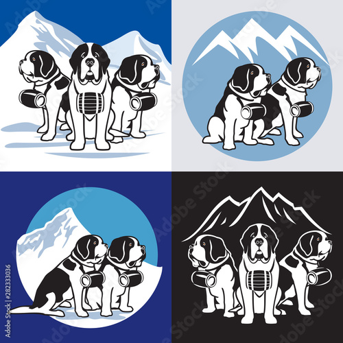 Saint Bernard - Dogs. Alpine rescue service vector illustration. Brave mountain rescuers.