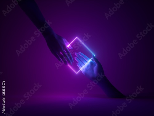 Schilderij op canvas 3d render, abstract minimal neon background, mannequin hands interacting, pink b