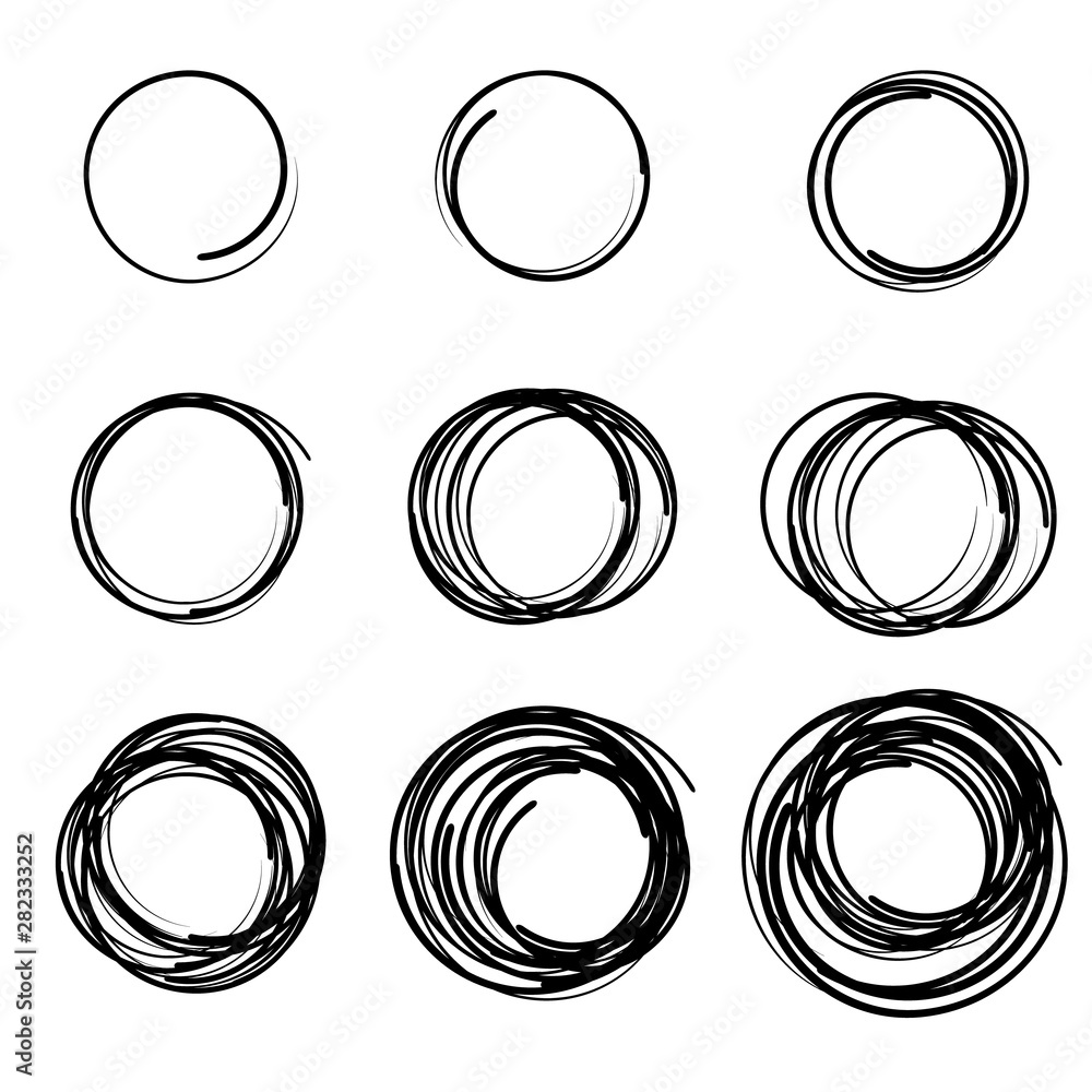 Hand drawn scribble circles set. Doodle circular logo design elements. Pencil or pen graffiti bubble Hand drawn scribble circles set. Doodle circular logo design elements. Pencil or pen graffiti bubble