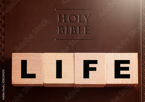 Foto Life Spelled in Blocks on a Leather Holy Bible