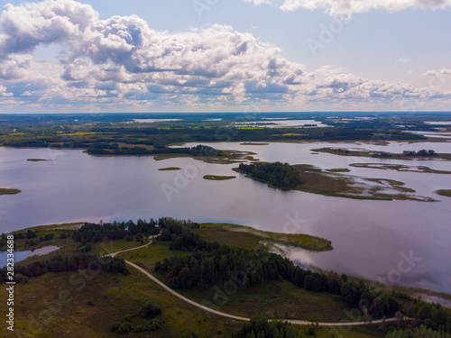 View on Braslav lakes, Belarus. Natural attractions of Belarus (panoramic view). Aerial shooting with drone.