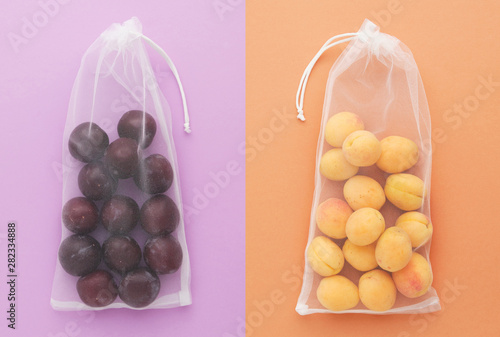 Natural Organic Apricots and Plums in String Bag Top View
