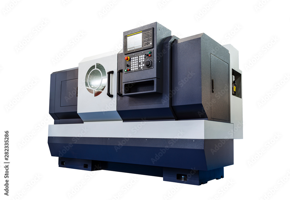 Manufacturing professional lathe machine. Industrial concept. Programmable modern digital lathe isolated on white background. Manufacturing professional lathe machine. Industrial concept. Programmable modern digital lathe isolated on white background.