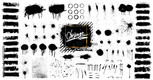 Black paint isolated collection. Ink brush strokes  brushes  splashes  lines. Dirty artistic design elements  great elaboration  spray graffiti stencil. Paint splatter blotches. Grunge vector