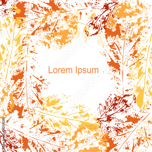Autumn print leaves background, Lorem Ipsum. Orange yellow oak, mulberry, hazelnut vein leaves on white stock vector illustration for web, for print