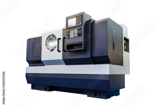 Manufacturing professional lathe machine. Industrial concept. Programmable modern digital lathe isolated on white background.