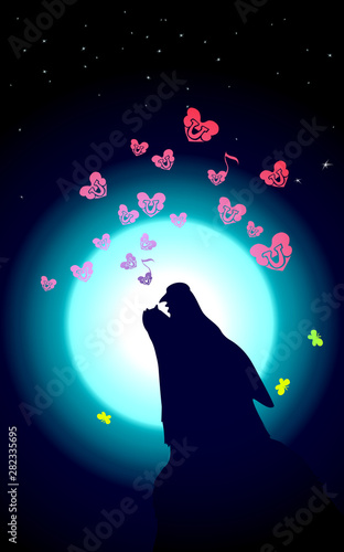 Wolf or Dog is howling to the neon moon. Vector illustration of wild love. Bones song and Small pink hearts on Valentines Day or Halloween. Night composition.
