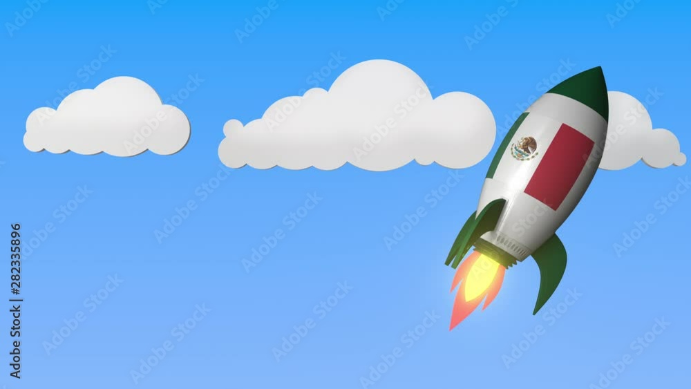 Flag of Mexico on rocket flying high in the sky. Mexican success or space program related loopable motion background Flag of Mexico on rocket flying high in the sky. Mexican success or space program related loopable motion background