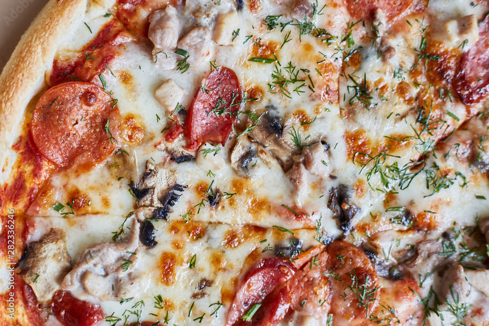 Hot and fresh pizza Margherita close-up. Hot and fresh pizza Margherita close-up.