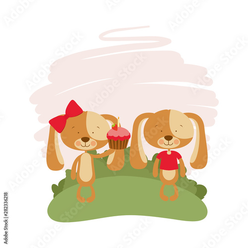 cute couple of puppies with landscape background