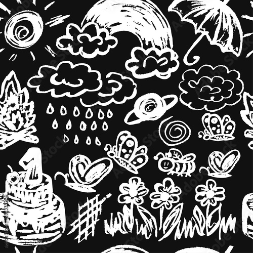 Cute children's drawing. Colored wax crayons. Icons, signs, symbols, pins