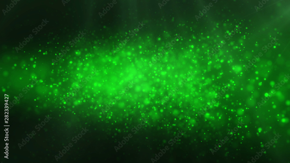 Green shiny glowing glitter background. Dust, particles green colored on dark background. Christmas, festive, greeting pattern.