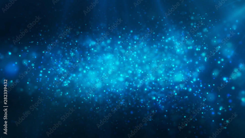 Blue shiny glowing glitter background. Dust, particles blue, cyan colored on dark background. Christmas, festive, greeting pattern.