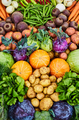 Fresh farm vegetables close-up. Potatoes, turnips, pumpkin