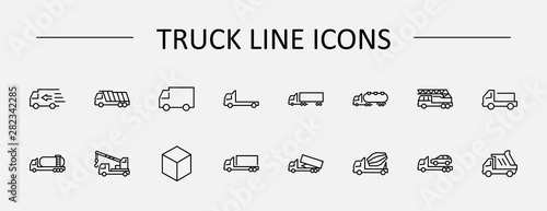 Truck Set of Transport Vector Line Icons. Contains such Icons as Truck, Transportation, Tow Truck, Cranes, Mixer, Garbage Truck, Manipulators, Delivery service and more. Editable Stroke. 32x32 Pixel
