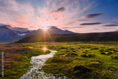 Wallpaper norway landscape nature of the mountains of Spitsbergen Longyearbyen Svalbard   on a flowers polar day with arctic summer in the sunset 