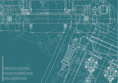 Blueprint, Sketch. Vector engineering illustration. Cover, flyer, banner, background. Instrument-making drawings. Mechanical engineering drawing. Technical illustrations, backgrounds. Scheme, plan