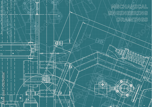 Blueprint, Sketch. Vector engineering illustration. Cover, flyer, banner, background. Instrument-making drawings. Mechanical engineering drawing. Technical illustrations, backgrounds. Scheme, plan