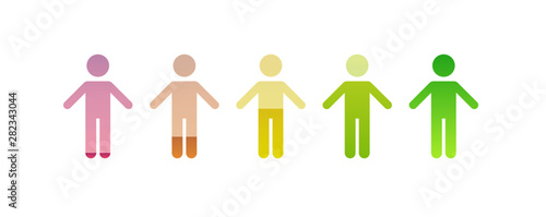 Vector person battery charging icons set. Color red, green, yellow and violet flat modern icon isolated on white background. Concept of business, mood, emotion, depression, success, idea.