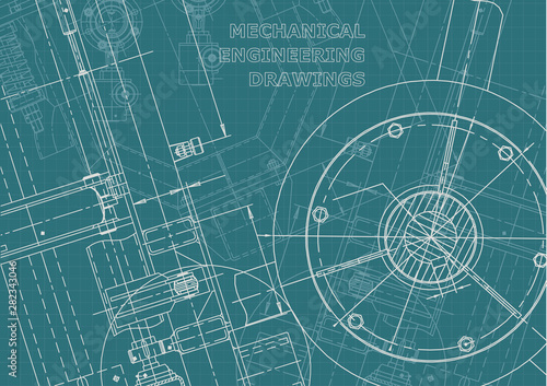 Blueprint, Sketch. Vector engineering illustration. Cover, flyer, banner, background. Instrument-making drawings. Mechanical engineering drawing. Technical illustrations, backgrounds. Scheme, plan