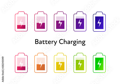 Vector battery charging icons set. Color red, green, yellow and violet flat modern icon with electricity symbol isolated on white background. Design element for phone, gadget, powerbank recharging.