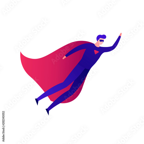Vector modern flat superhero person illustration. Male in super hero suit with red cape flying isolated on white background. Design element for office leadership banner, poster, infographic, ad.