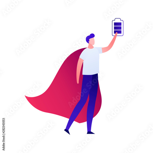 Vector modern flat superman person battery charge illustration. Color super success men with full batttery in hand isolated on white. Concept of business, mood, emotion, solution, idea. Design element