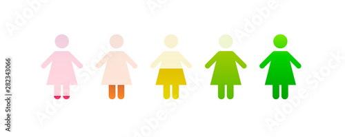 Vector person battery charging icons set. Gradient color red, green, yellow and violet flat modern woman icon isolated on white background Concept of business, mood, emotion, depression, success, idea