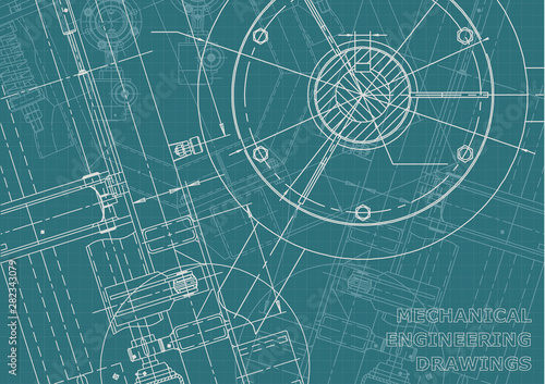 Blueprint, Sketch. Vector engineering illustration. Cover, flyer, banner, background. Instrument-making drawings. Mechanical engineering drawing. Technical illustrations, backgrounds. Scheme, plan