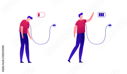 Vector modern flat person battery charging illustration. Color set of tired and success men plug isolated on white background. Concept of business, mood, emotion, depression, idea. Design element
