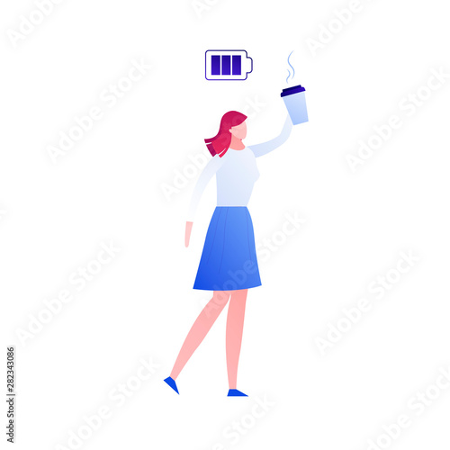 Vector modern flat coffee woman person illustration. Color succesful female holding cup in hand and battery icon isolated on white. Concept of business, mood, emotion, solution, idea. Design element